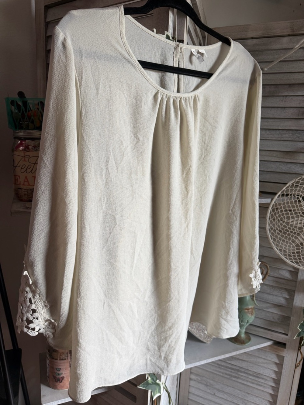 Cream Long-Sleeve Crochet Cuff Women's Blouse, Relaxed Scoop Neck